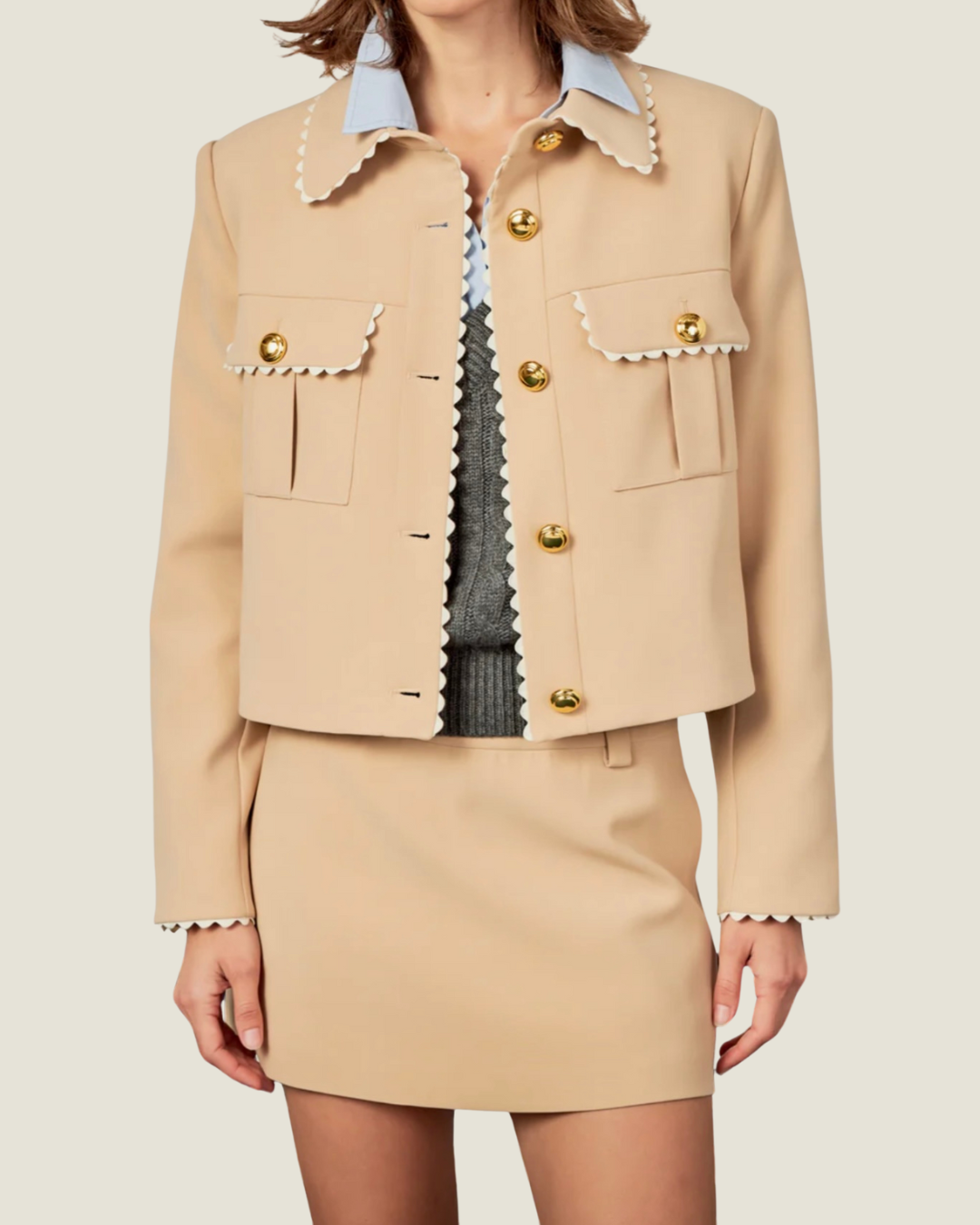 The Brit: Long Sleeve Scalloped Beige Jacket