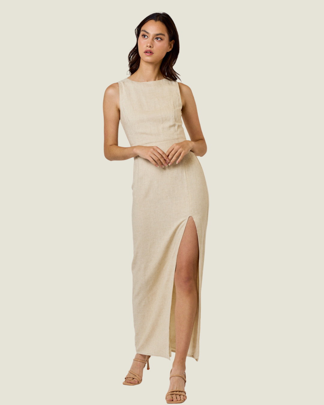 The St Barth's: Linen Boat Neck Sleeveless Maxi Dress With Slit