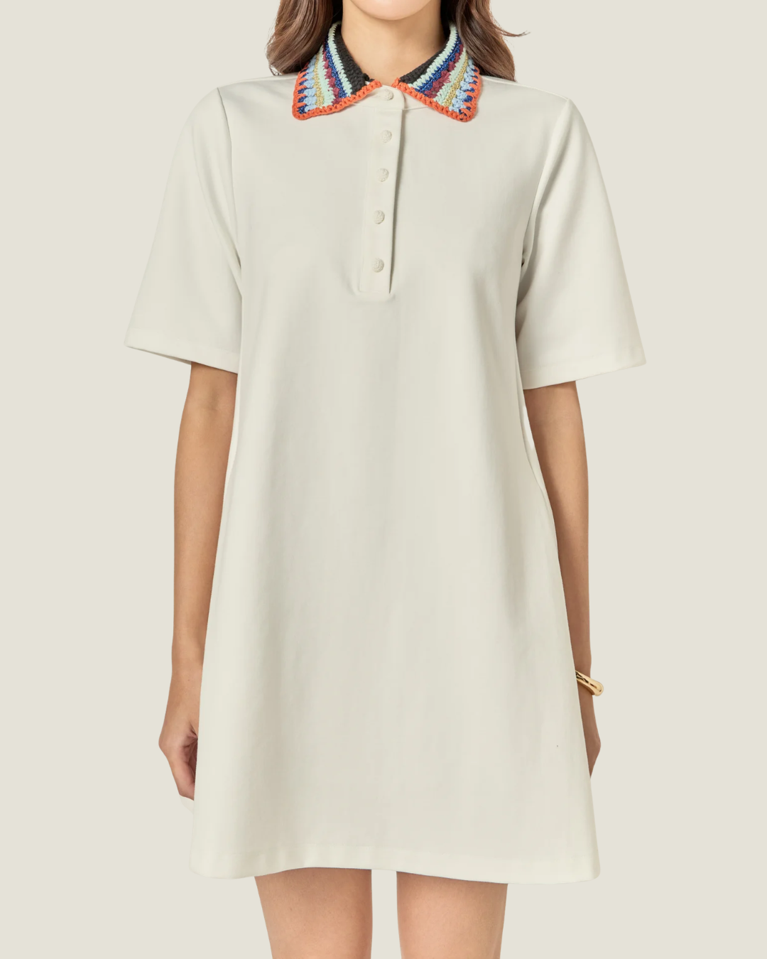 Camyn Off White Knitted Collar A-Line Mini Dress
