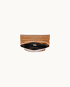 Angela tan vegan leather envelope crossbody bag with gold-tone hardware, detachable chain strap, and magnetic closure.