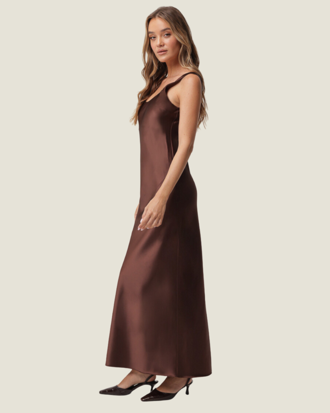 Fall Date Night: Sleeveless Satin Chocolate Maxi Dress