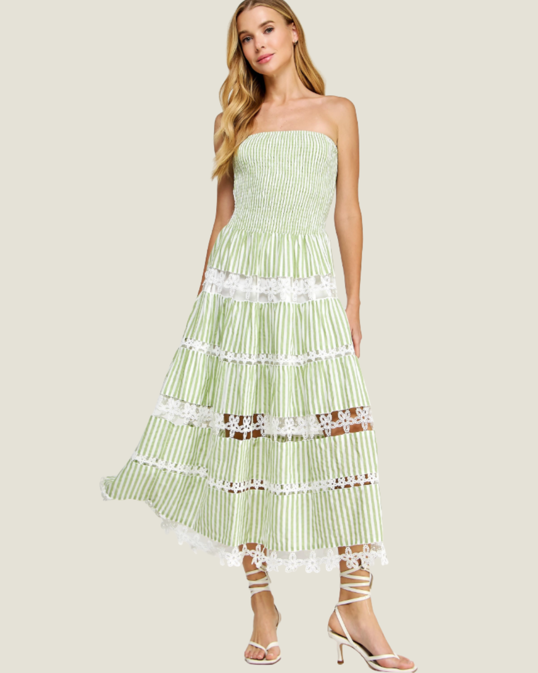 The Maryann: Strapless Stripe Eyelet Midi