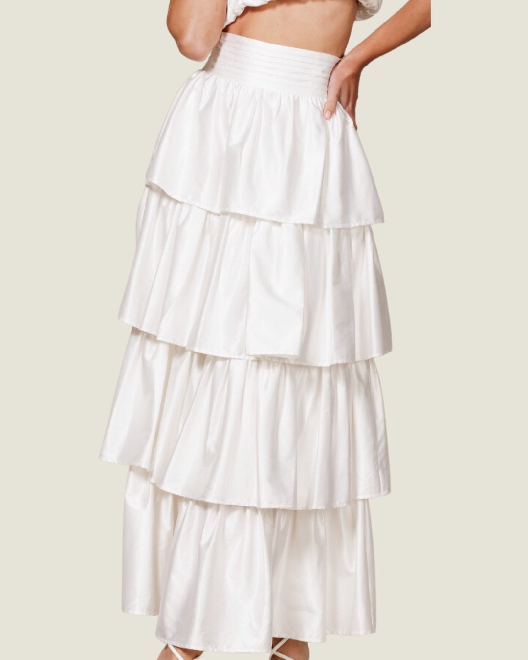 Jenn's OOTN: White High Waisted Satin Tiered Maxi Skirt