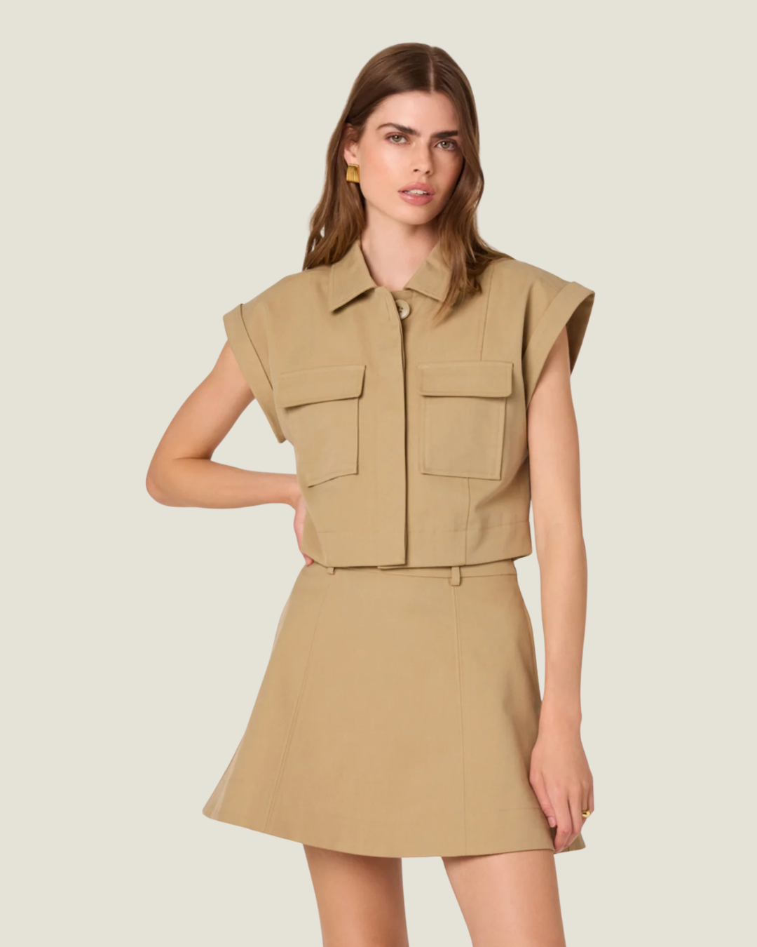 Sabine Beige Button Down Crop Top
