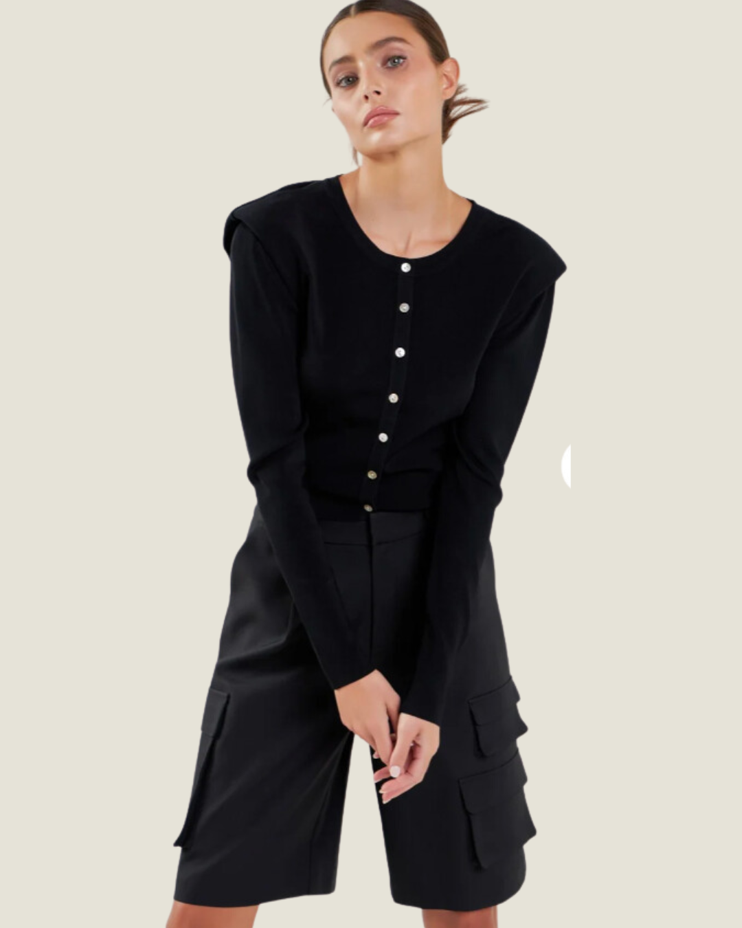 The Lauren: Black Shoulder Pad Cardigan