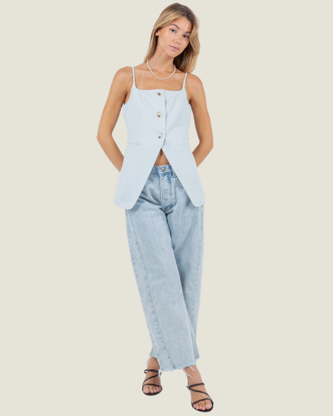 The Faith: Light Blue Button Up Sleeveless Top