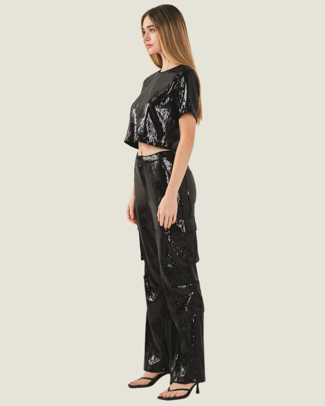 The District: Black Sequin Cropped Tee Top