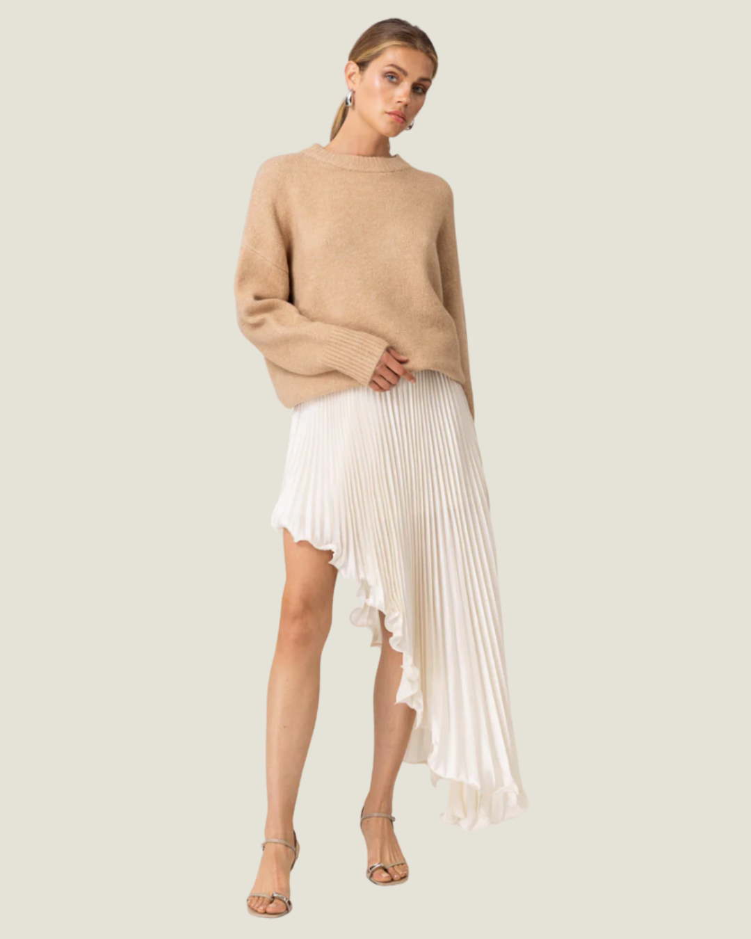Seymour Asymmetrical Pleated Midi Skirt– a statement asymmetrical pleated ivory skirt by Line & Dot available at Love Celine a women’s boutique in SWFL.