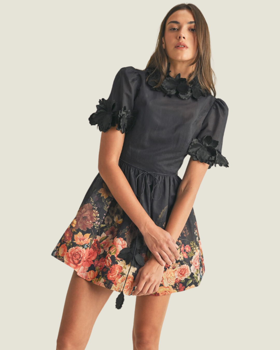 The Rebecca: Black Floral Short Sleeve Mini Dress