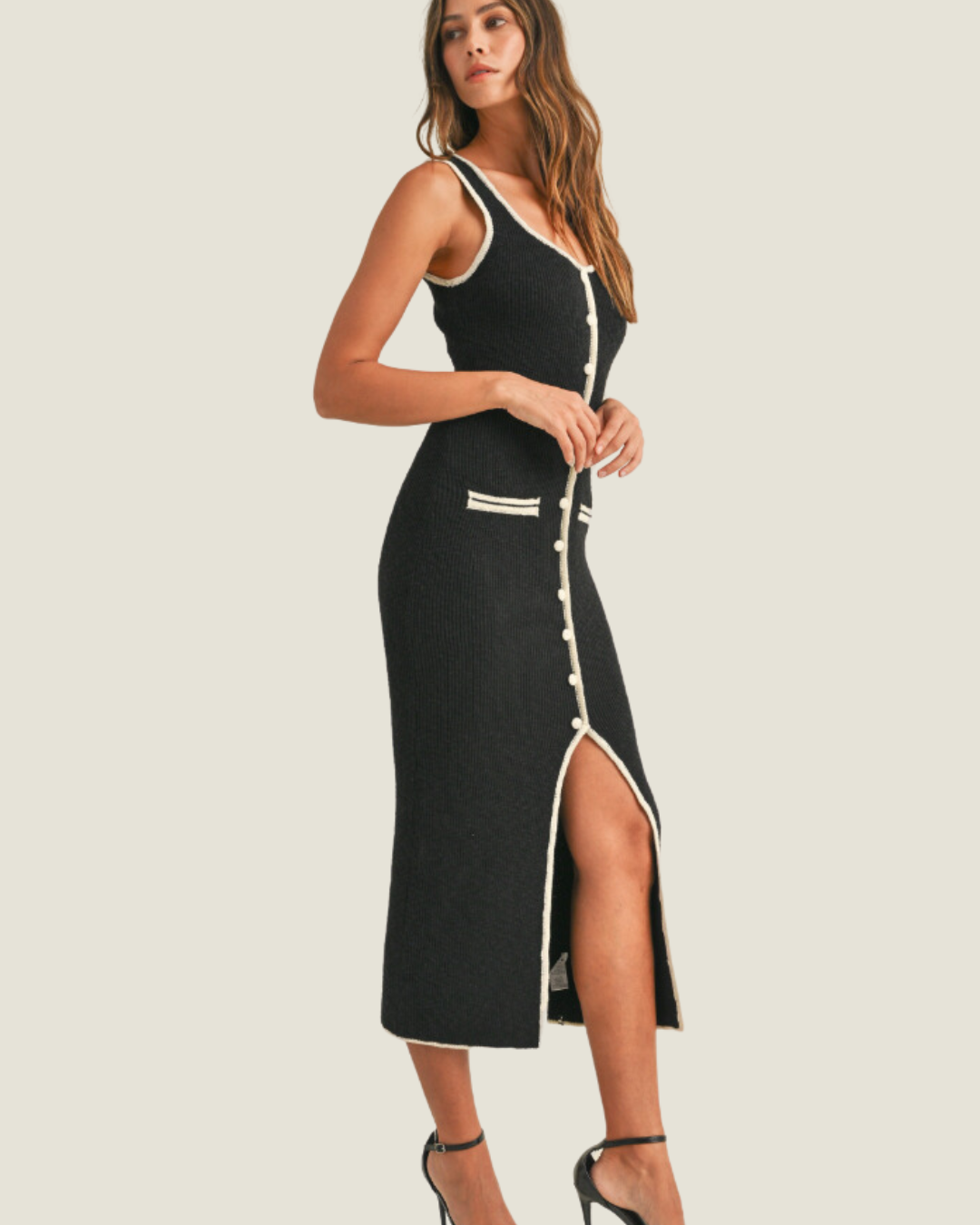 The Adriana: Sleeveless Contrast Binding Midi Dress