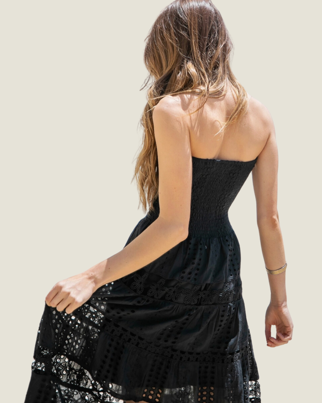 The MaryAnn: Black Strapless Eyelet Lace Midi Dress