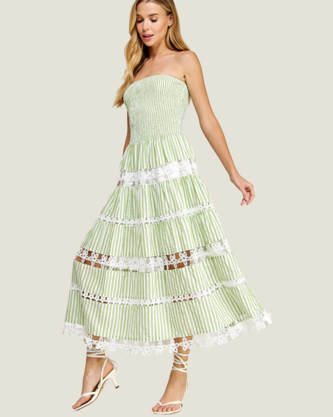 The Maryann: Strapless Stripe Eyelet Midi