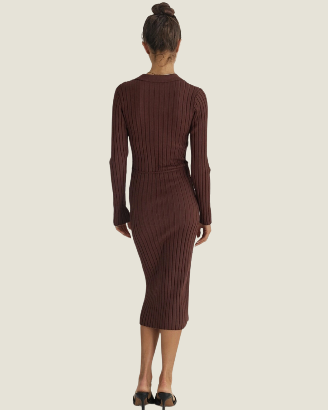 The Dana: Brown Button Up Long Sleeve Midi Dress