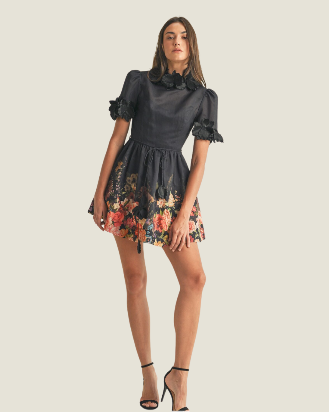 The Rebecca: Black Floral Short Sleeve Mini Dress