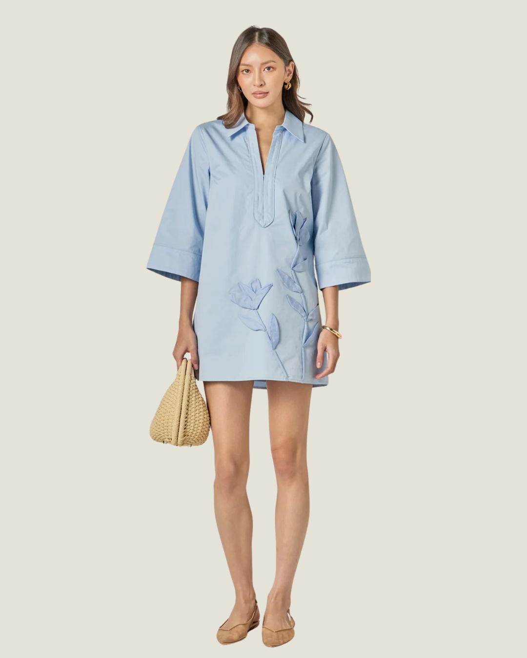 Appliqued Powder Blue Mini Shirt Dress. 