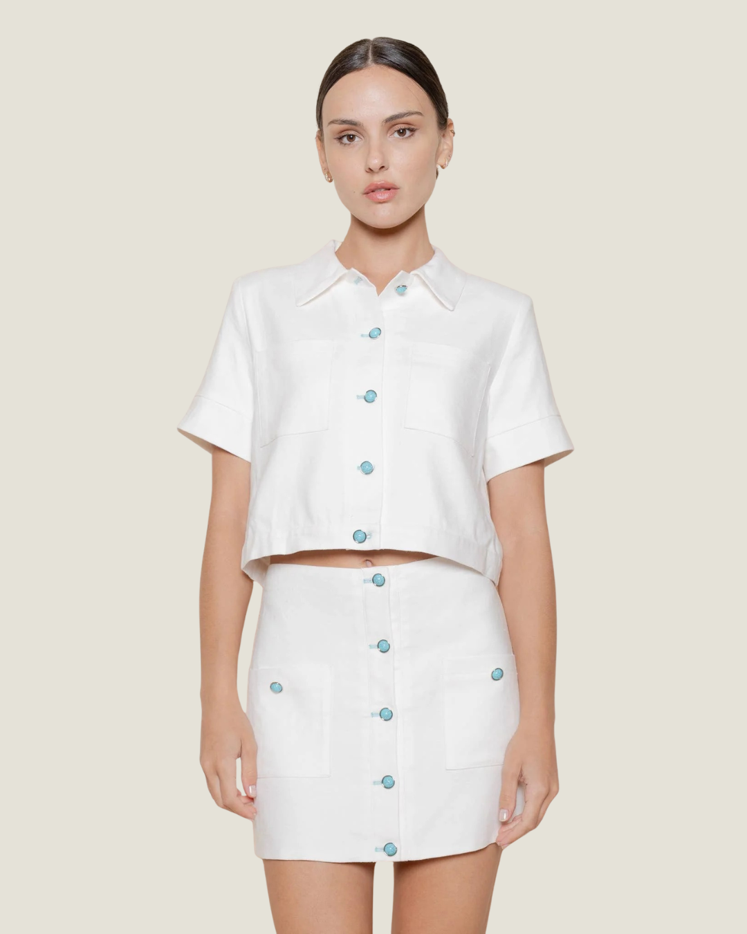 Daisy Turquoise Button Cropped Top