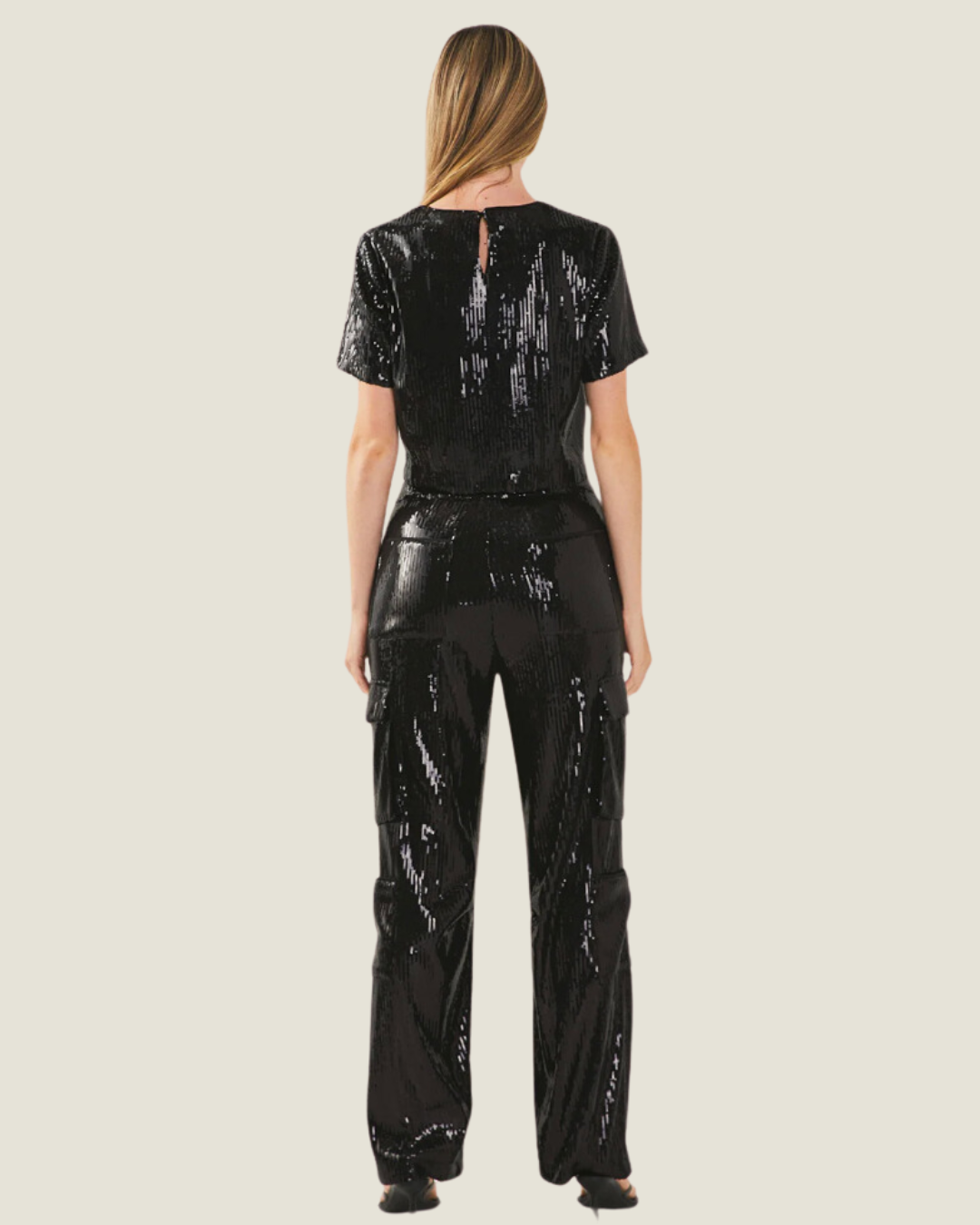 The District: Black Sequin Cropped Tee Top
