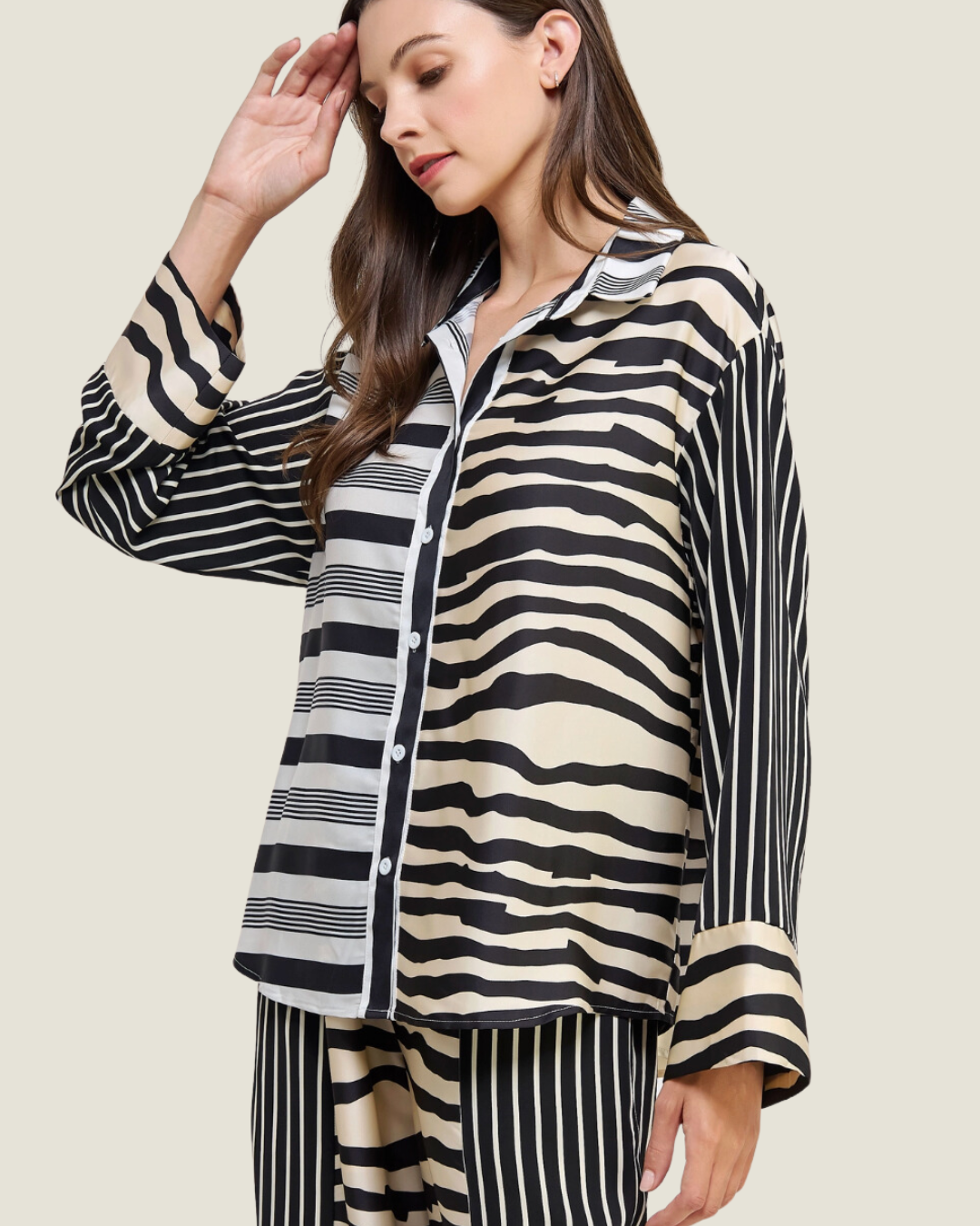 Naples Cougar: Stripe & Animal Print Block Satin Button Up Top