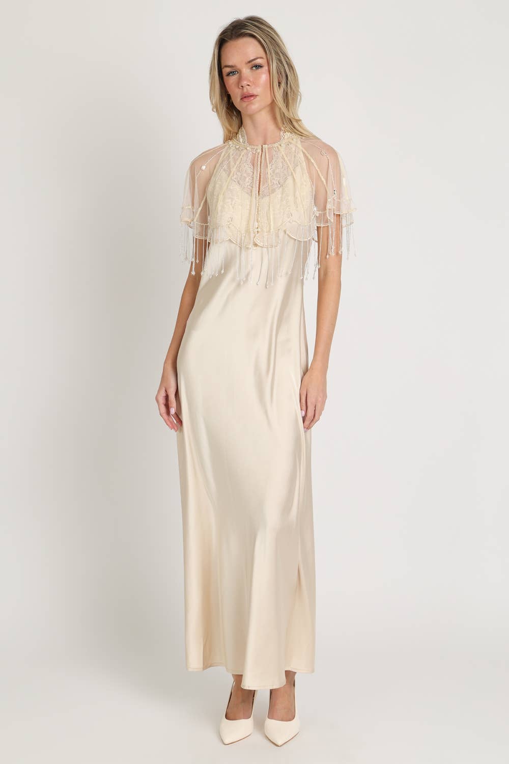 Beaded Sheer Mesh Fringe Cape