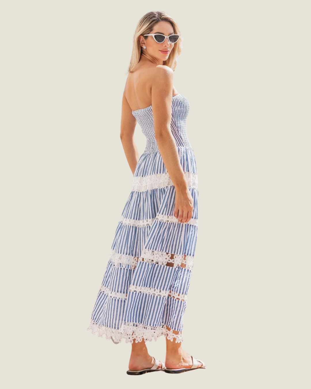 MaryAnn: Strapless Stripe Eyelet Midi