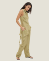 Women's Eadie Asymmetrical Draped Top in green and purple, featuring a silky satin finish, cowl neckline, and statement asymmetric flounce hem.