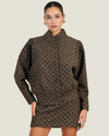 Women's Millie Polka Dot Tweed Jacket by Line & Dot featuring flocked polka dots, padded shoulders, a mock neckline, and button-front closure.