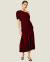 Women's Arabella Burgundy Maxi Dress featuring an asymmetrical off-the-shoulder neckline, ruched fitted bodice, and flowing skirt