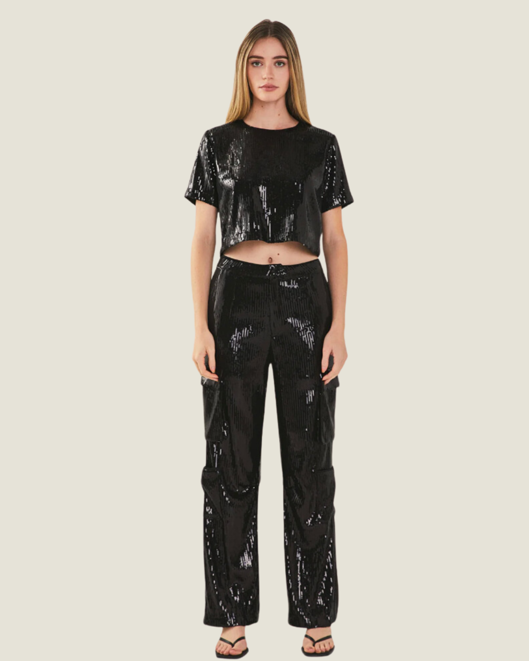 The District: Black Sequin Cropped Tee Top