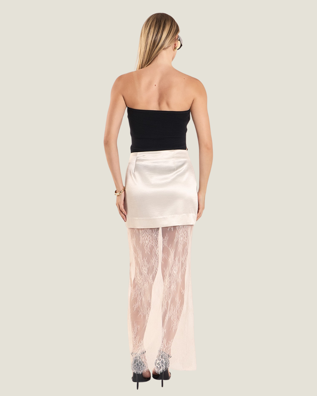 Magaret Champagne Satin Velvet Maxi Lace Skirt