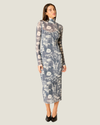 Women's Moonfall Mesh Midi Dress featuring a fitted column silhouette, sheer stretch mesh, mock neckline, and long sleeves.
