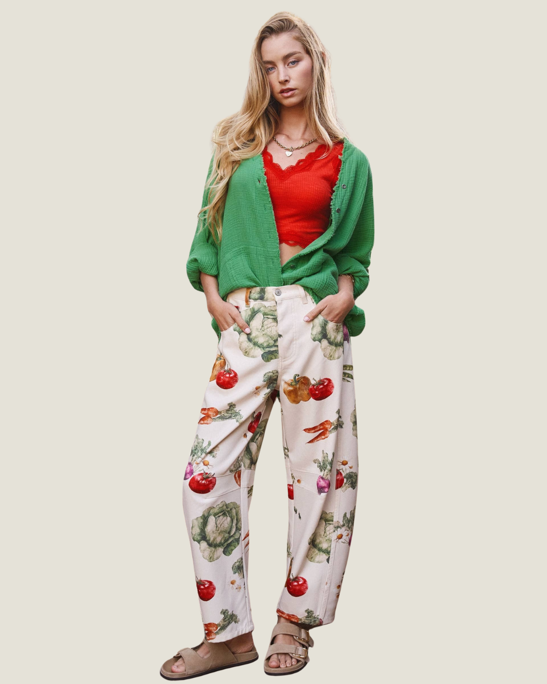 Farmers Market Print Barrel Leg Pants