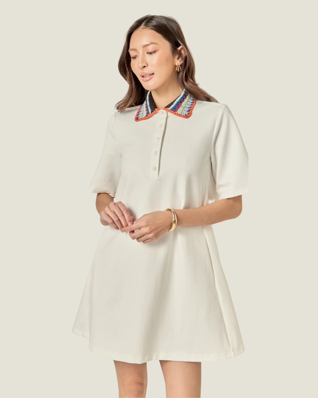 Camyn Off White Knitted Collar A-Line Mini Dress