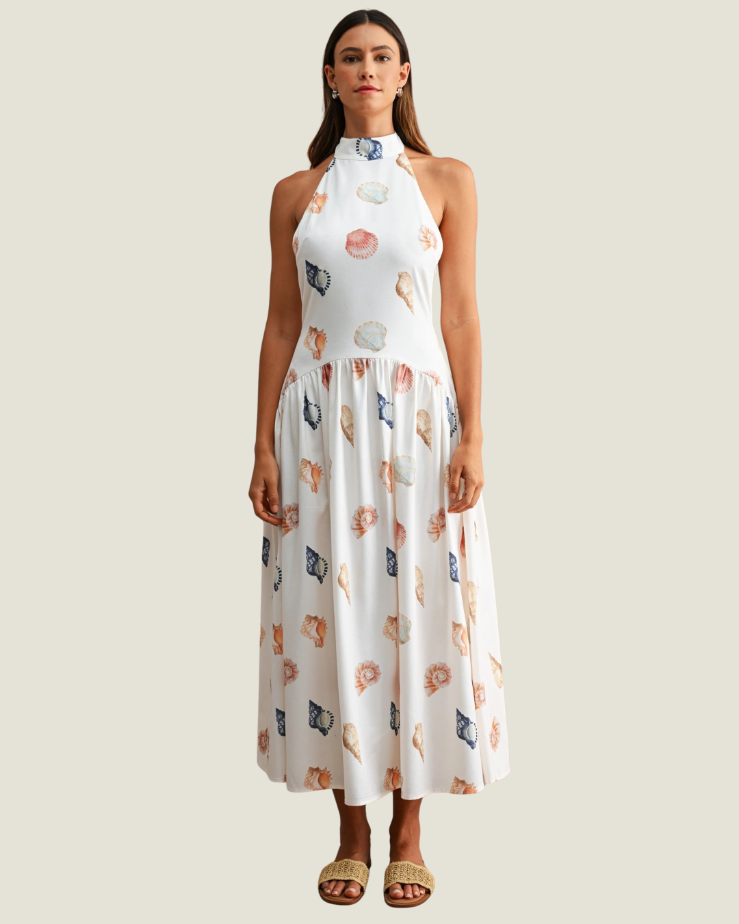 Marina Shell Print Drop Waist Halter Dress