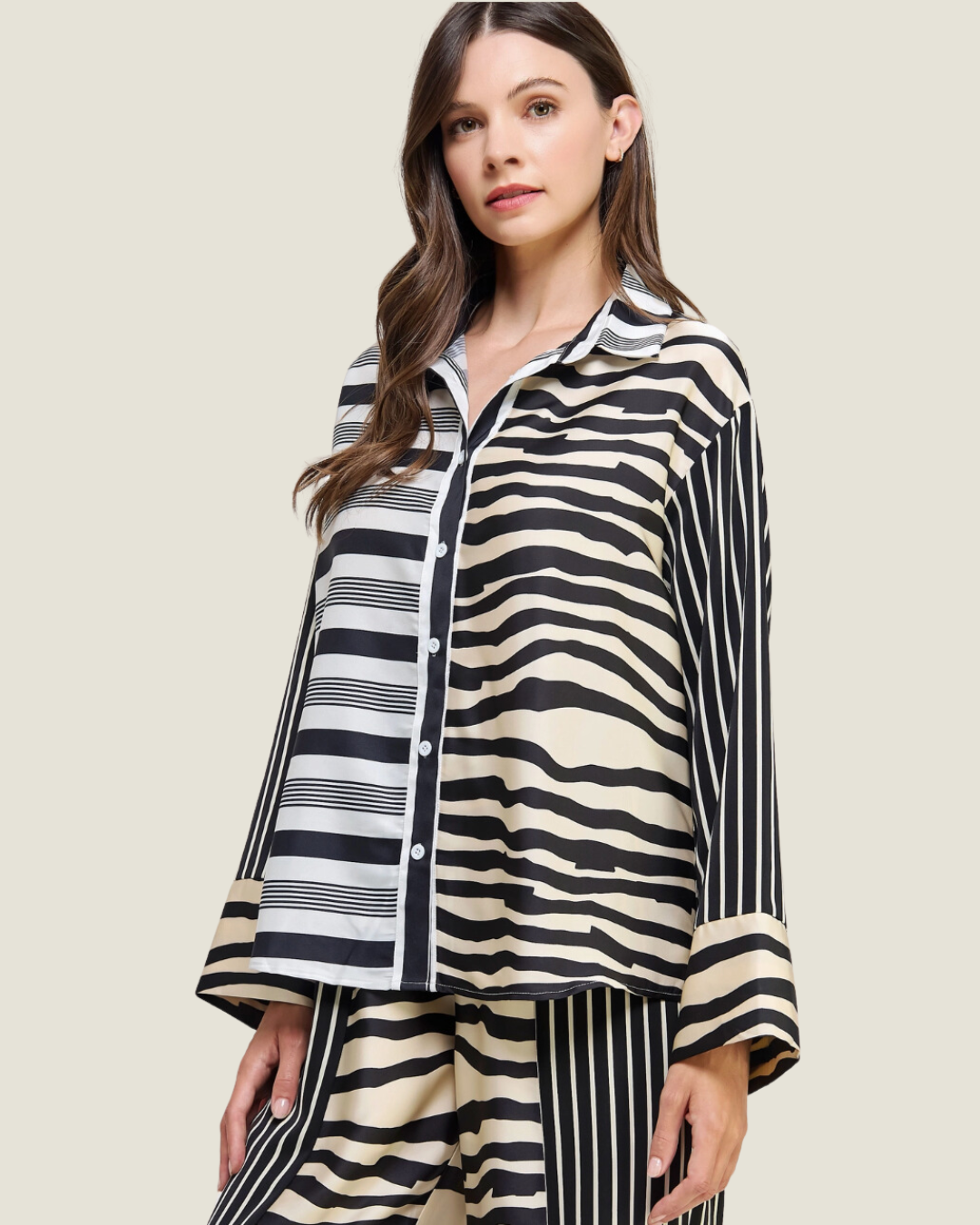 Naples Cougar: Stripe & Animal Print Block Satin Button Up Top