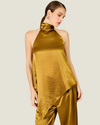 Women's Barrett Satin Halter Top featuring a sleeveless silhouette, adjustable self-tie neckline, and smooth satin finish.