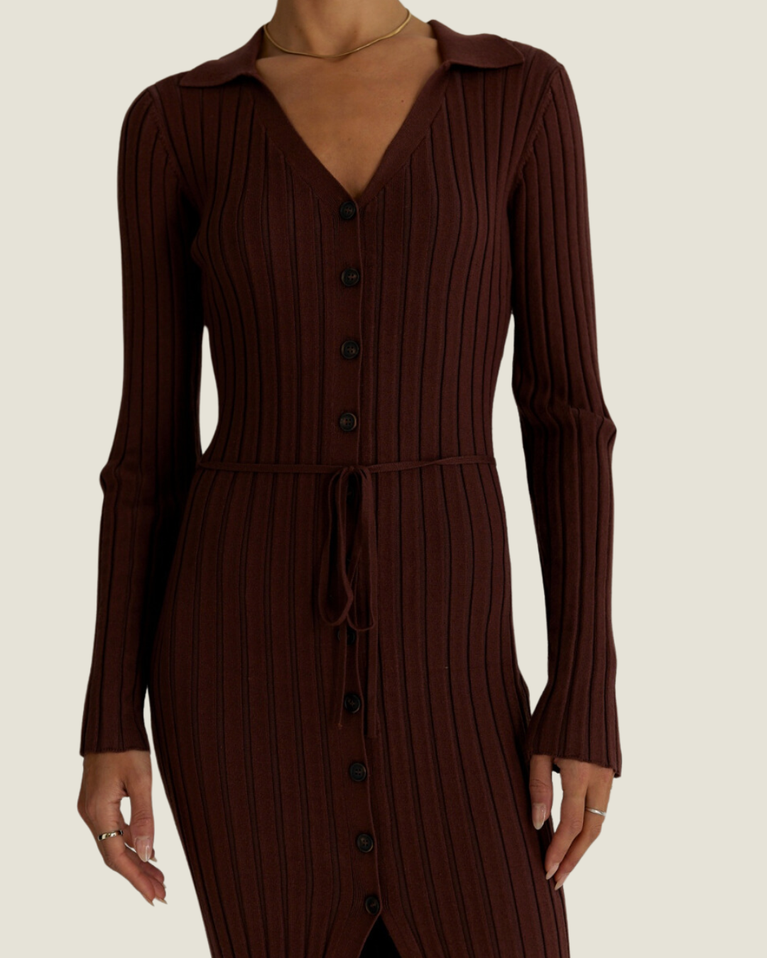 The Dana: Brown Button Up Long Sleeve Midi Dress