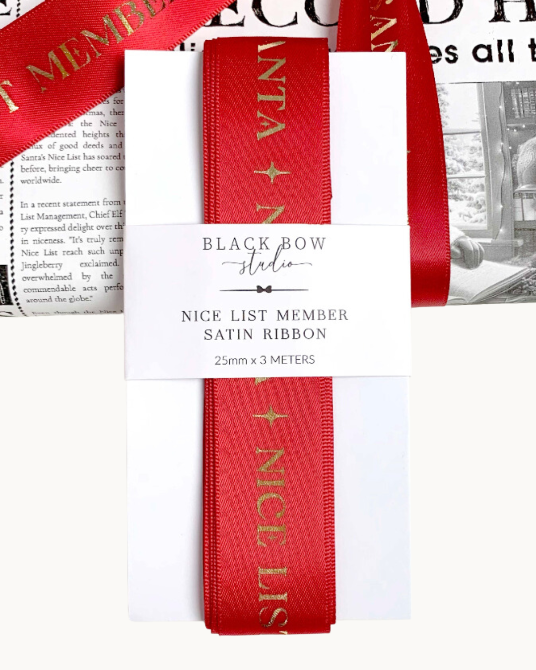 Nice List Member Christmas Printed Ribbon - 3m: Red/Gold