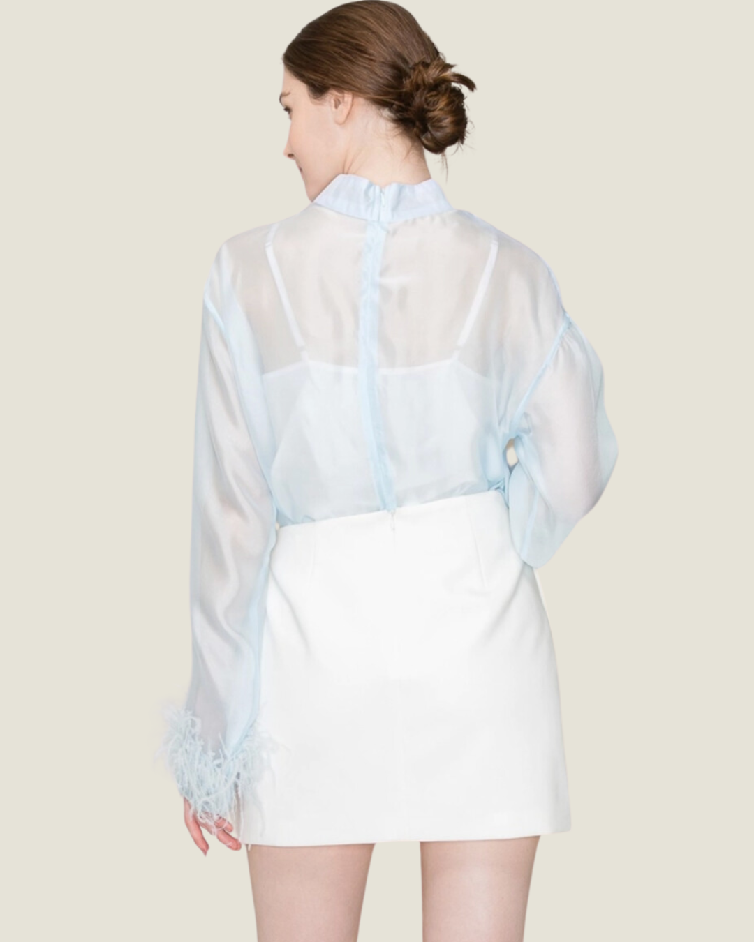 The Jingle: High Neck Long Sleeve Sheer Feather Trimmed Blouse