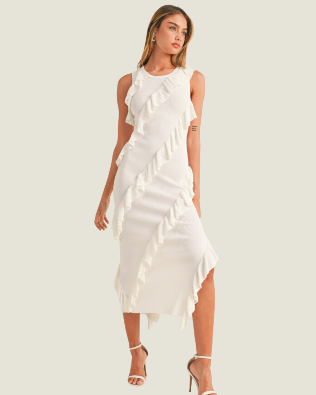 The Katherine: Asymmetric Ruffle Knit Midi Dress