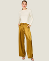 Women's Barrett Satin Pants featuring a wide-leg silhouette, pleated detailing, hip slant pockets, and adjustable ankle ties.