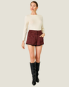Women's Norma Check Shorts by style LJ9726B-1 featuring a check pattern, contrast collar, snap-button details, and fully lined construction.