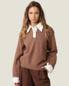Women's Alina Collar Knit Sweater in brown with a contrast white pointed collar, button-front neckline, and long sleeves.