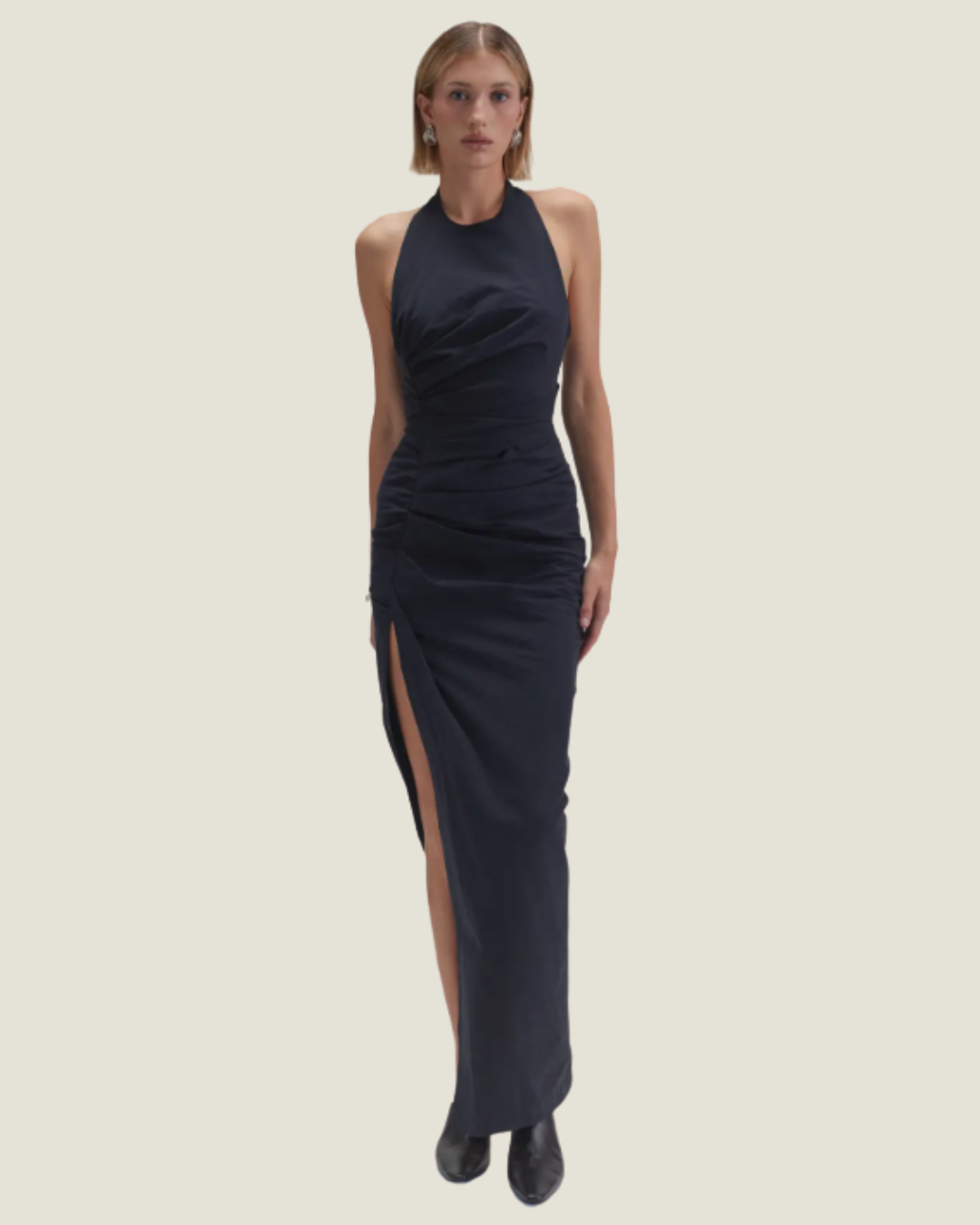 The Maud: Ruched Halter Maxi