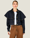Women's Roxie Cape Jacket featuring a structured twill silhouette, optional cape detail, classic collar, button cuffs, and flap front pockets.