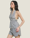 A chambray striped deep plunging halter top!