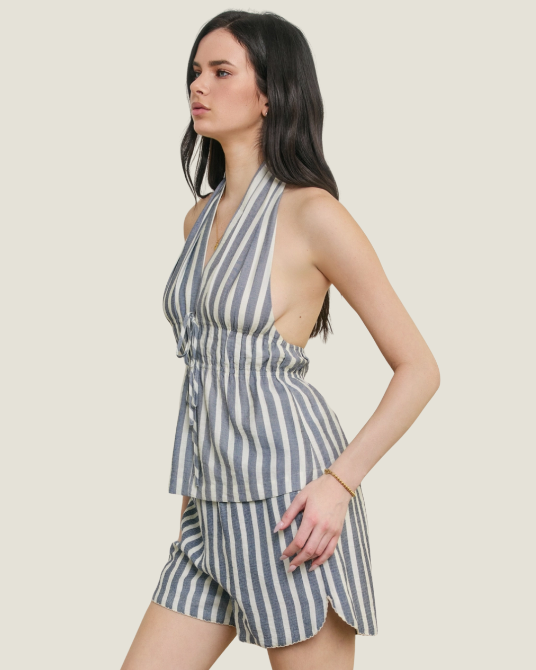 A chambray striped deep plunging halter top!