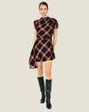 Women's Kristopher Plaid Mini Dress by Line & Dot featuring a plaid print, mock neckline, short sleeves, lace trim, and asymmetric hem.