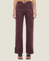 Women's mid-rise straight-leg cuff jeans featuring stretch denim, wide folded cuffs, contrast-buckle belt, and heavy topstitching.