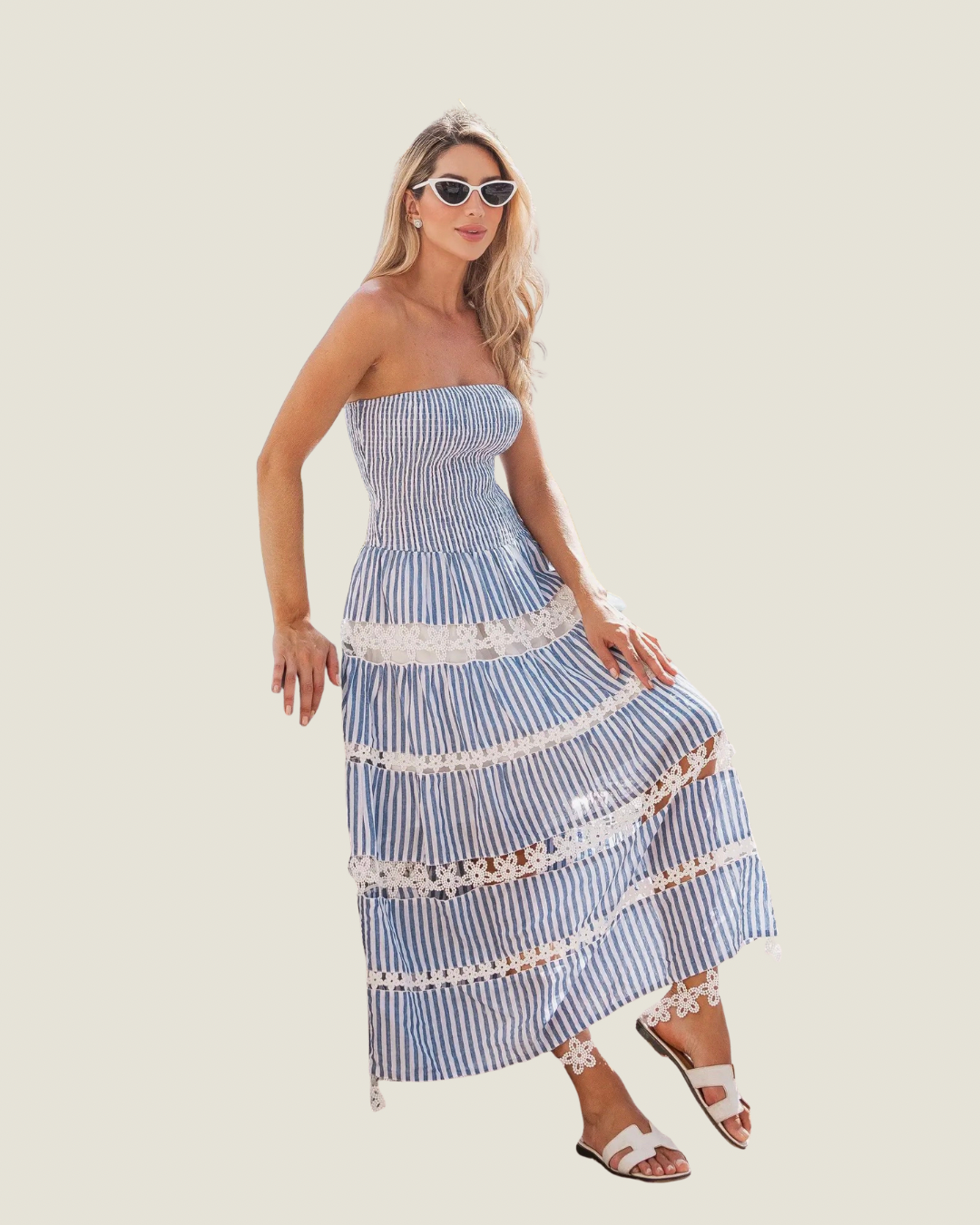 MaryAnn: Strapless Stripe Eyelet Midi
