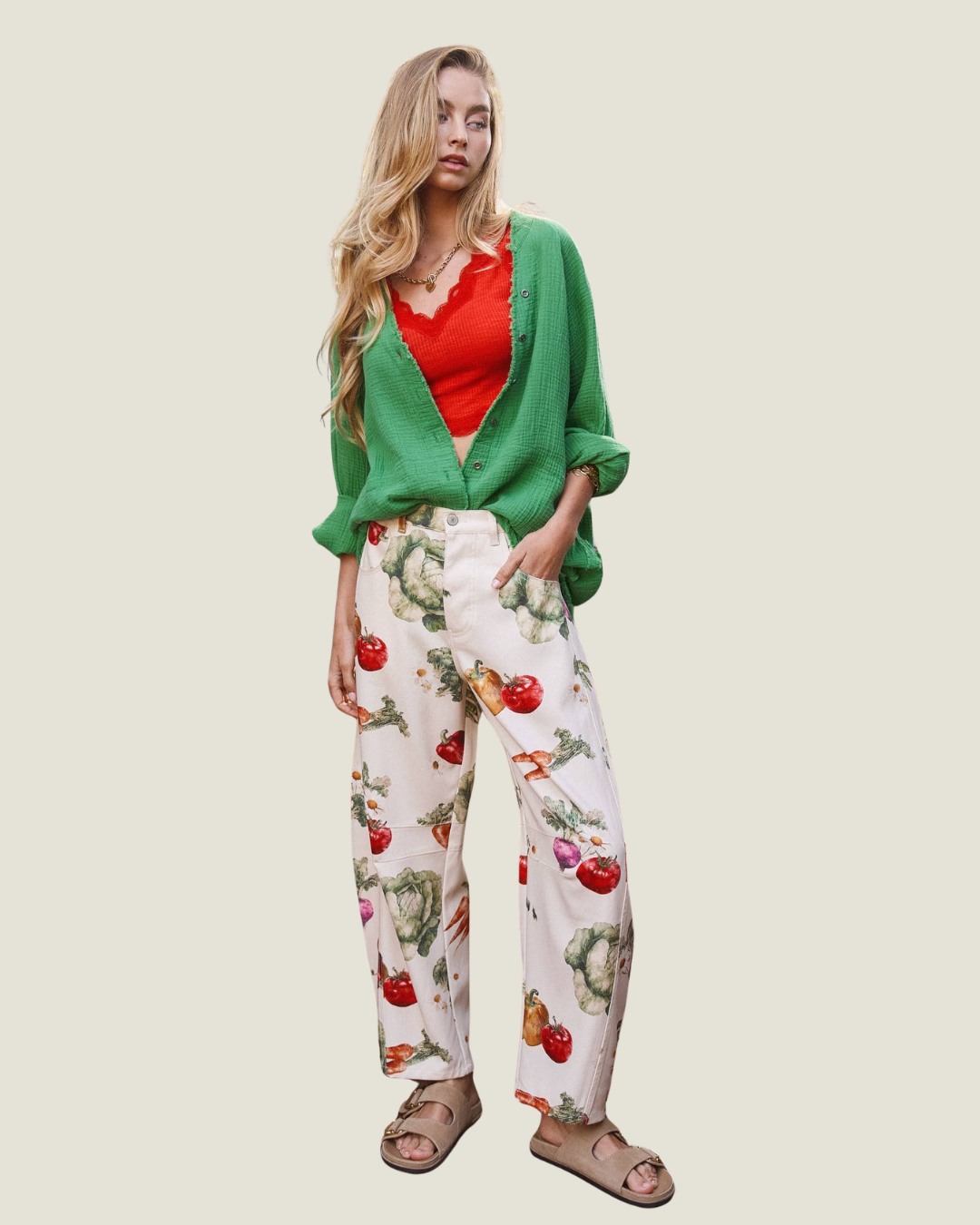 Farmers Market Print Barrel Leg Pants